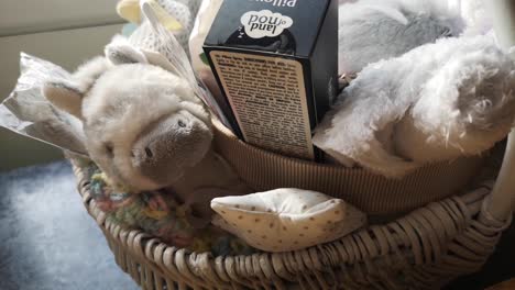 Mother-and-baby-shower-gift-basket-with-soft-fluffy-plush-toys-and-parenting-accessories