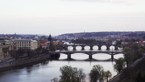 Prague-bridges-view-from-lookout,-panning-shot,-autumn-weather
