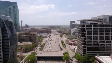 Aerial-view-of-heavy-traffic-on-the-Texas-State-Highway-Spur-366,-in-Dallas,-USA