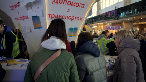 2022-Russian-invasion-of-Ukraine---Central-Railway-Station-in-Warsaw-during-the-refugee-crisis---people-waiting-in-line-to-the-transportation-point