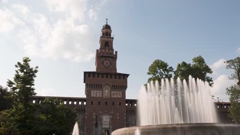 Timelapse-of-Sforza-Castle,nice-view-of-big-fountain-and-tower-with-clock-background-at-sunny-day-with-clouds,Milan,lombardy,Italy