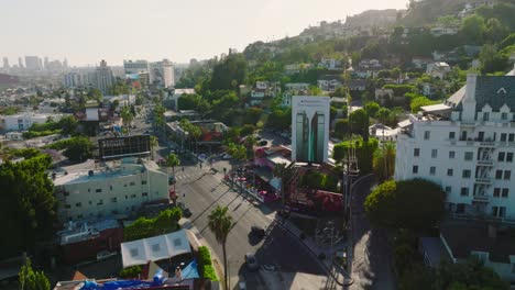 Aerial-View-of-Historic-Chateau-Marmont-and-Sunset-Boulevard-in-West-Hollywood,-California