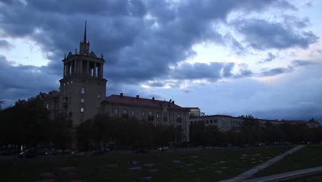 Dark-Clouds-Over-Stalinist-Soviet-Architecture-in-the-Capital-City-Vilnius,-Lithuania,-Baltic-States,-Europe