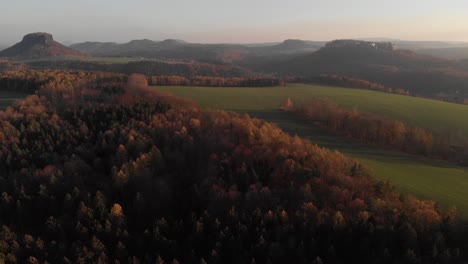 AERIAL:-Panoramic-view-of-Saxon-Switzerland-landscape-in-autumn,-Germany