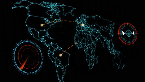 Mapa-Mundial-De-Red-De-Alta-Tecnología-De-Neón-Con-Radares-Y-Líneas-De-Conexión,-Canal-Alfa-Incluido