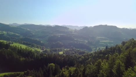 Vuelo-Sobre-Un-Bosque-A-Una-Carretera-Y-Un-Pueblo-En-La-Hermosa-Suiza