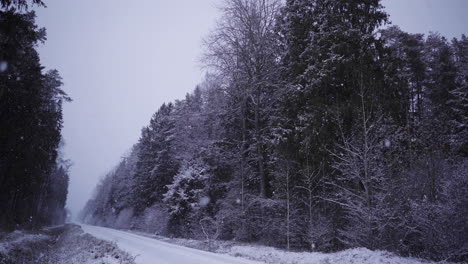 Snow-falling-in-slow-motion-on-an-empty-road-near-a-forest-in-Riga,-Latvia
