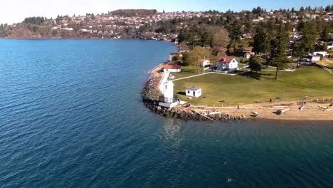 Browns-Point-Lighthouse-as-a-point-of-interest-by-drone,-circling-counterclockwise