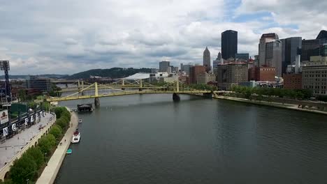 Aerial-approach-up-the-Allegheny-River-past-several-bridges-to-the-skyscrapers-cultural-district-Pittsburgh-Pennsylvania-Concept:-urban,-cityscape,-drone,-bridges,-water,-skyscrapers