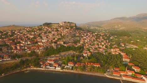 Aerial:-The-town-of-Molyvos-on-Lesbos-island-during-sunset
