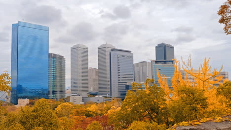 Panning-shot-that-reveals-the-skyline-of-a-city-with-yellow-trees-in-the-foreground
