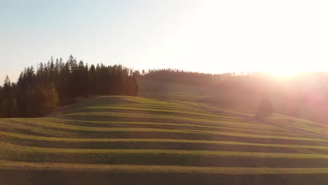 Aufsteigender-Drohnenblick-über-Die-Hügelige-Landschaft-Bei-Sonnenuntergang-Mit-Landstraße-Und-Wald-In-Der-Ferne