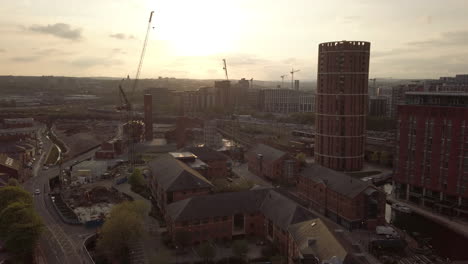 Static-Shot-of-Cityscape-at-Sunset-in-Leeds,-UK-Exposed-for-Foreground