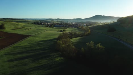 Kleiner-Fluss-Mit-Bäumen-Bedeckt-Luftaufnahme-Neben-Autospur-Und-Grünen-Feldern-Während-Der-Morgenstunden-In-Der-Schweiz