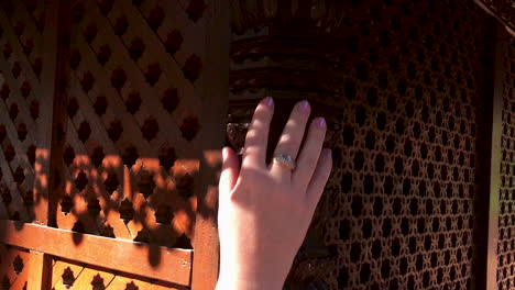 Women-runs-hand-down-wooden-sculpture-at-Nepalese-Peace-Pagoda-South-Bank-Brisbane-Queensland-Australia