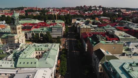 Aerial-beautiful-view-over-the-majestic-city-Gothenburg-showing-the-part-of-town-called-Inom-Vallgraven-and-other-parts-of-the-city