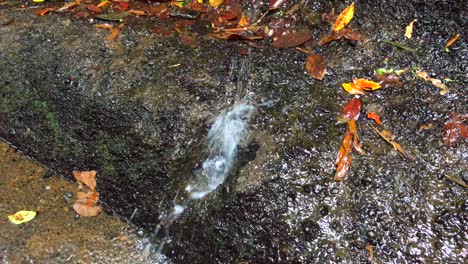 Water-stream-falling-from-a-rocky-stone-wall-in-a-forest-jungle-in-Ubud,-Bali,-Indonesia