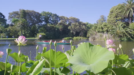 Stocherkahnbetreiber-In-Traditioneller-Kleidung-Ruderboot-Für-Geführte-Touren-Auf-Dem-See-In-Den-Botanischen-Gärten-Von-Melbourne,-Australien