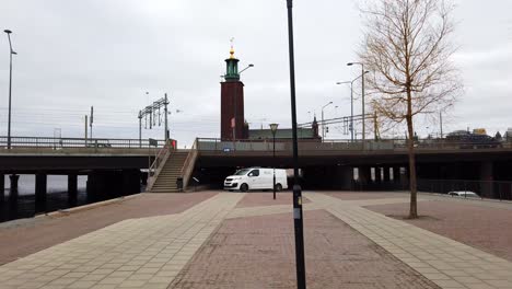 The-town-hall-of-Stockholm,-Sweden-in-distance