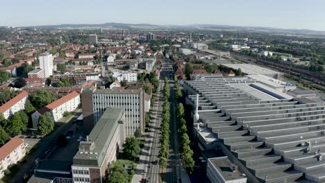 Drone-Aerial-View-of-Göttingen-old-Town-in-soft-sunlight,-Europe,-Germany