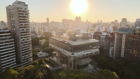 Aerial-view-of-National-Library-revealing-Recoleta-neighborhood-buildings-at-golden-hour