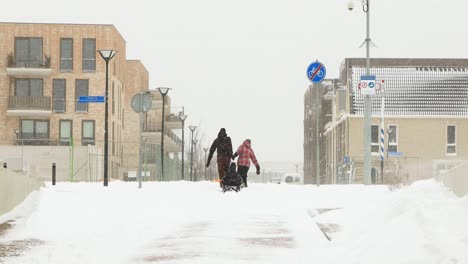 Street-scene-after-snow-storm-in-The-Netherlands-with-a-young-family-of-which-the-children-ride-a-sledge-that-their-parents-tow-towards-new-modern-residential-neighbourhood