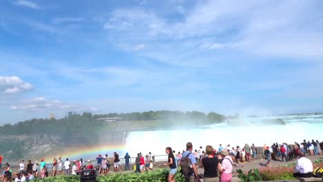 Atemberaubende-Schwenkaufnahme-Von-Touristen,-Die-An-Den-Niagarafällen-Spazieren-Gehen