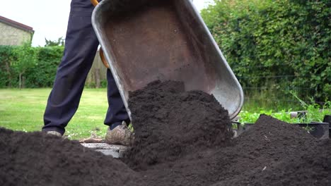 Gardener-Pouring-Wheelbarrow-Of-Compost-Into-Flower-Bed