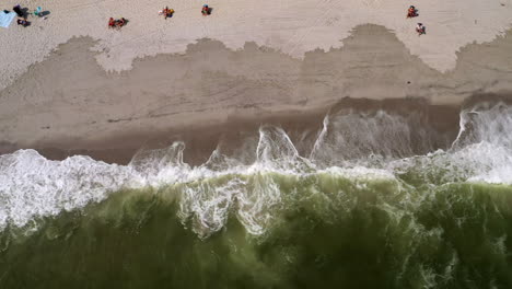 drone-bird's-eye-shot-over-the-beach-shoreline,-panning-left-as-the-waves-crash-against-the-shore-with-birds-flying---people-on-the-beach-below
