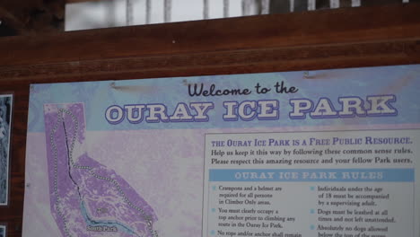 Welcome-to-Ouray-Ice-Park,-Sign-Board-and-Guide,-Colorado-USA,-Close-Up