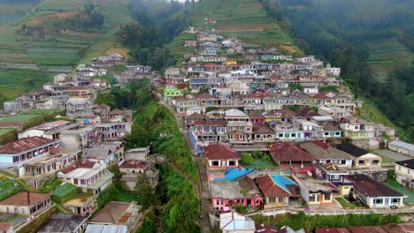Tropical-village-simple-houses-on-Mount-Sumbing-volcano-slope,-Java,-aerial