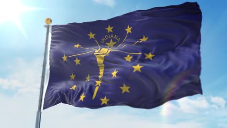 4k-3D-Illustration-of-the-waving-flag-on-a-pole-of-state-of-Indiana-in-United-States-of-America