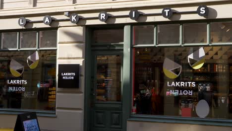 Closeup-Of-Lakritsroten,-Famous-Liquorice-Candy-Store-In-Gothenburg,-Sweden