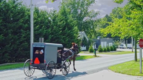 Ein-Amish-Pferd-Und-Buggy-Mit-Zwei-Amish-Kindern,-Die-An-Einem-Sonnigen-Tag-In-Zeitlupe-Auf-Einer-Landstraße-Traben