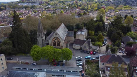 Aerial-of-St-John's-church-in-the-bathwick-area-of-Bath,-UK