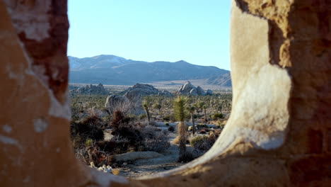Establishing-Shot-of-Desert-Landscape-Behind-Rocky-Ruins,-Joshua-Tree-California-Mountains
