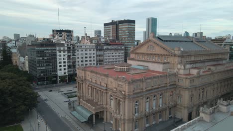 Aerial-dolly-left-of-Colon-Theater,-one-of-the-most-important-opera-houses-of-the-world,-Buenos-Aires