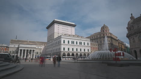 Genova-Piazza-De-Ferrari-square-city-timelapse,-fountain-and-Teatro-Carlo-Felice-theater