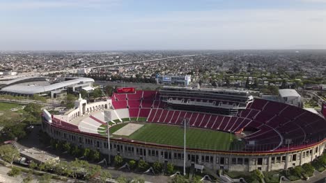 Los-Angeles-Memorial-Coliseum,-aerial-view,-football-field,-empty-stadium