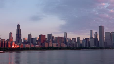 City-Skyline-With-Cloudy-Sky-Sunrise-Waterfront-Chicago