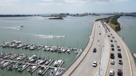 rising-aerial-view-of-Clearwater,-Florida-Causeway-Bridge-going-to-Clearwater-Beach
