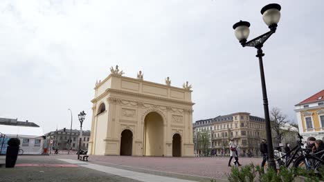Slow-Pan-next-to-Famous-Brandenburg-Gate-in-Potsdam-Old-Town