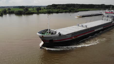 Aerial-Of-Forward-Bow-And-Port-Side-Of-Delfborg-Cargo-Ship-On-Oude-Maas