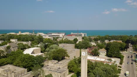 Aerial-Establishing-Shot-of-Rebecca-Crown-Center-Bell-Tower-at-Northwestern-University-in-Summer