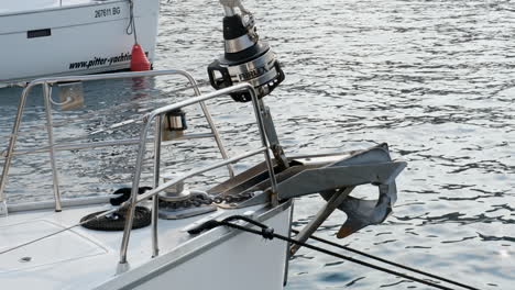 Close-Up-Of-Roller-Furling-System-Of-A-Boat-Moored-At-The-Marina-In-Hvar-Island,-Croatia