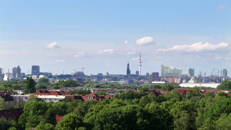 Time-lapse-of-Hamburg-skyline-with-Elbphilharmonie,-Heinrich-Hertz-Tower,-Hafecity-and-clouds-moving-in-Hamburg,-Germany