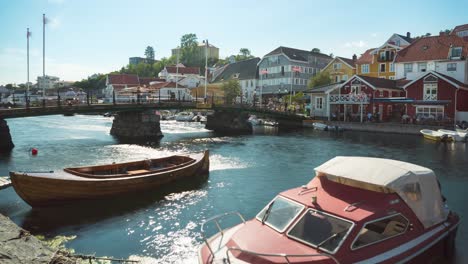Popular-Bybrua-bridge-at-Kragero-harbour-town,-Telemark,-Norway---time-lapse