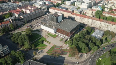 AERIAL:-Wide-Shot-of-Lithuanian-National-Opera-and-Ballet-Theatre-in-Vilnius-on-a-Summer-Day