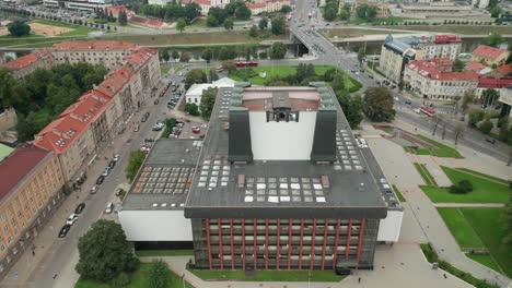 AERIAL:-Lithuanian-National-Opera-and-Ballet-Theatre-From-Top-with-Vilnius-City-Panorama