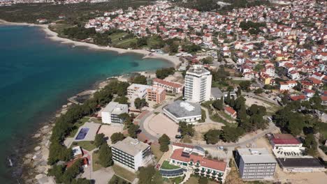 Adriatic-Town-Of-Vodice,-Waterfront-aerial-view,-Dalmatia-Archipelago-Of-Croatia---drone-shot